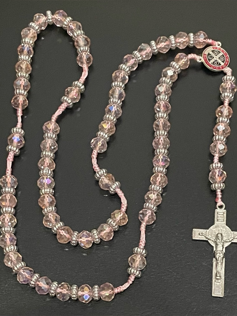 Pink Faceted Crystal Rosary Necklace with Silver Crucifix